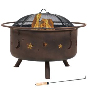 Outdoor Camping or Backyard Round Cosmic Stars and Moons Fire Pit with Cooking Grill Grate; Spark Screen; and Log Poker - 30"