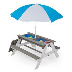 3-in-1 Kids Outdoor Wooden Picnic Table With Umbrella; Convertible Sand & Wate; Gray