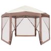 3*3.6m Khaki Top Fabric;  Dark Brown Edge;  White Bracket;  Hexagonal Arc Top Folding Shed;  6 Veils And Net Cloth;  With Black Bag;  Folding Shed