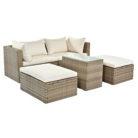 Backyard Pool Outdoor Furmiture 5-Piece Rattan Sectional Sofa Set (Color: Beige)