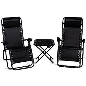 3PC Zero Gravity Reclining Lounge Chairs Pillows Table Portable Folding (Color: Black)